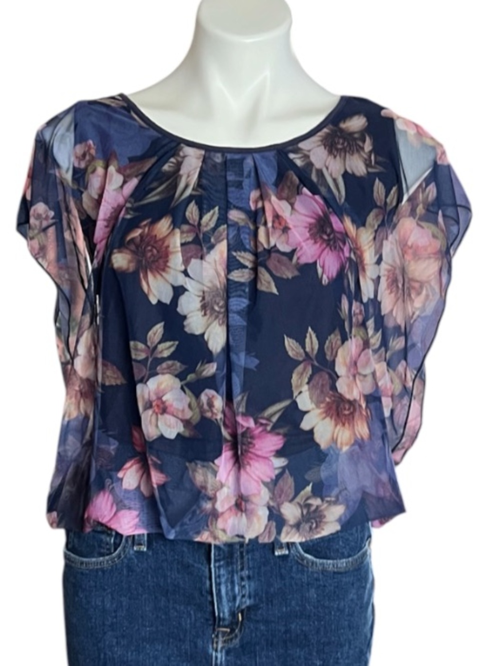 BaiShengGT Sheer Floral Mesh Blouse Navy Romantic Cottagecore Medium